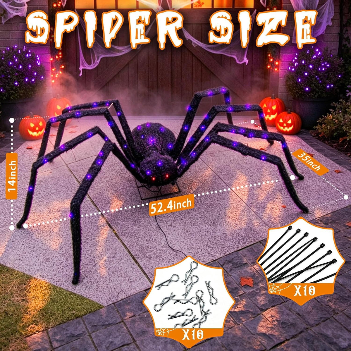 Halloween Decorations Outdoor Giant Spider Light Up Spider 4.3Ft Lighted Large Spider with 6 Modes and 100 LED Purple Lights, Black Spooky Spider for Yard Lawn Garden Patio Outside Decor