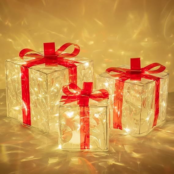 Set of 3 Christmas 60 LED Lighted Gift Boxes, Transparent Warm White Lighted Christmas Box Decrations, Presents Boxs with Red Bows for Christams Tree, Yard, Home, Christams Decorations