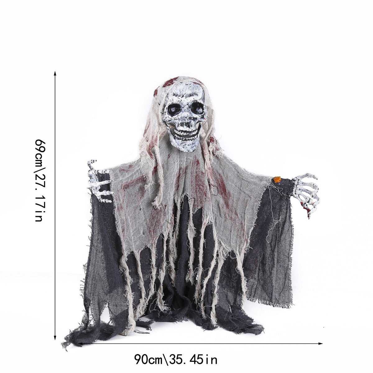 XHKUYI Halloween Sound Activated Skeleton Ghost Decor 21 inches, Light Up Creepy Bloody Tattered Gauze Ghost, Hanging Ghost Prop for Haunted House, Yard, Door & Party Decor