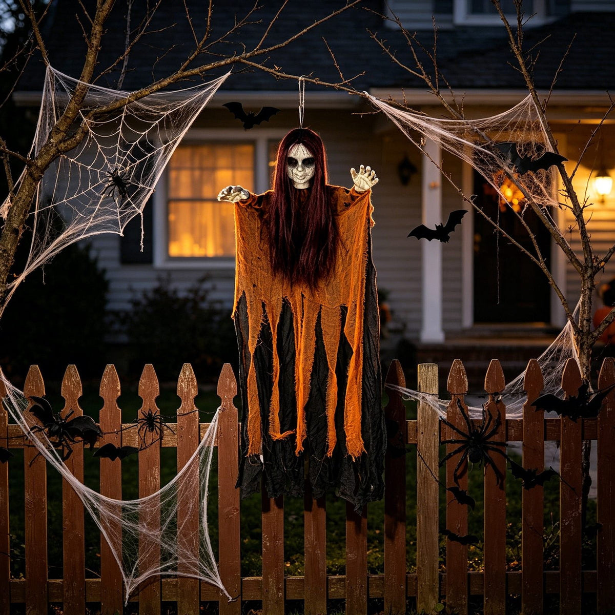 Halloween Witch Hanging Decoration, 45" Scary Witch Skeleton Hangings, Glowing Specters Pendant for Halloween Festival, Eerie Skull Ornament for Party Haunted House Outdoor Props, A