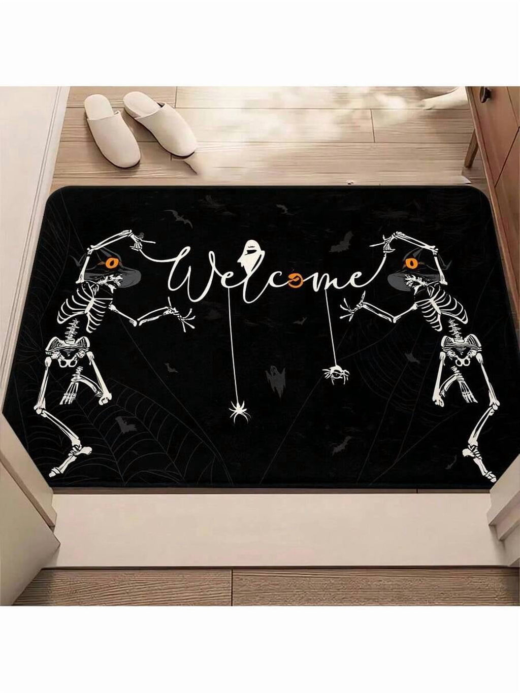 Halloween Skeleton Welcome Floor Mat Set - 2 Piece Black Polyester Non-Slip Kitchen & Entryway Mats (40x60+45x120cm)