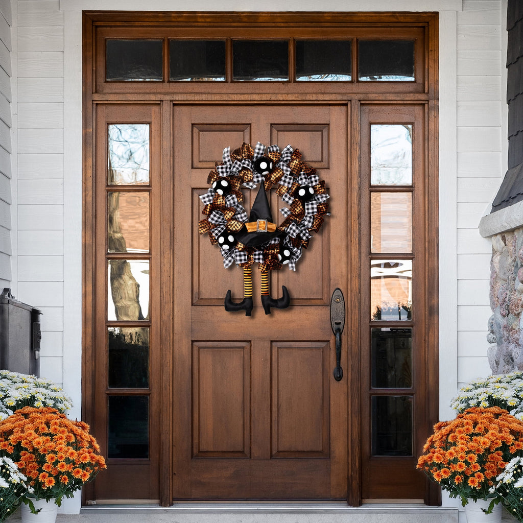 Northlight Witch with Bows and Ornaments Halloween Wreath - 24" - Orange and Black - Unlit