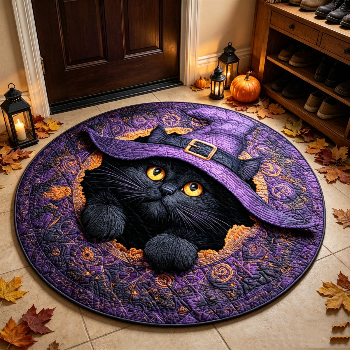 2Pcs 3D Round Halloween Doormat Set â Witch Hat Black Cat & Pumpkin Skull Design, Non- Polyester Entry Mat For Indoor/Outdoor, Spooky Cute Fall Decor, Gift For Halloween Lovers (91X91")