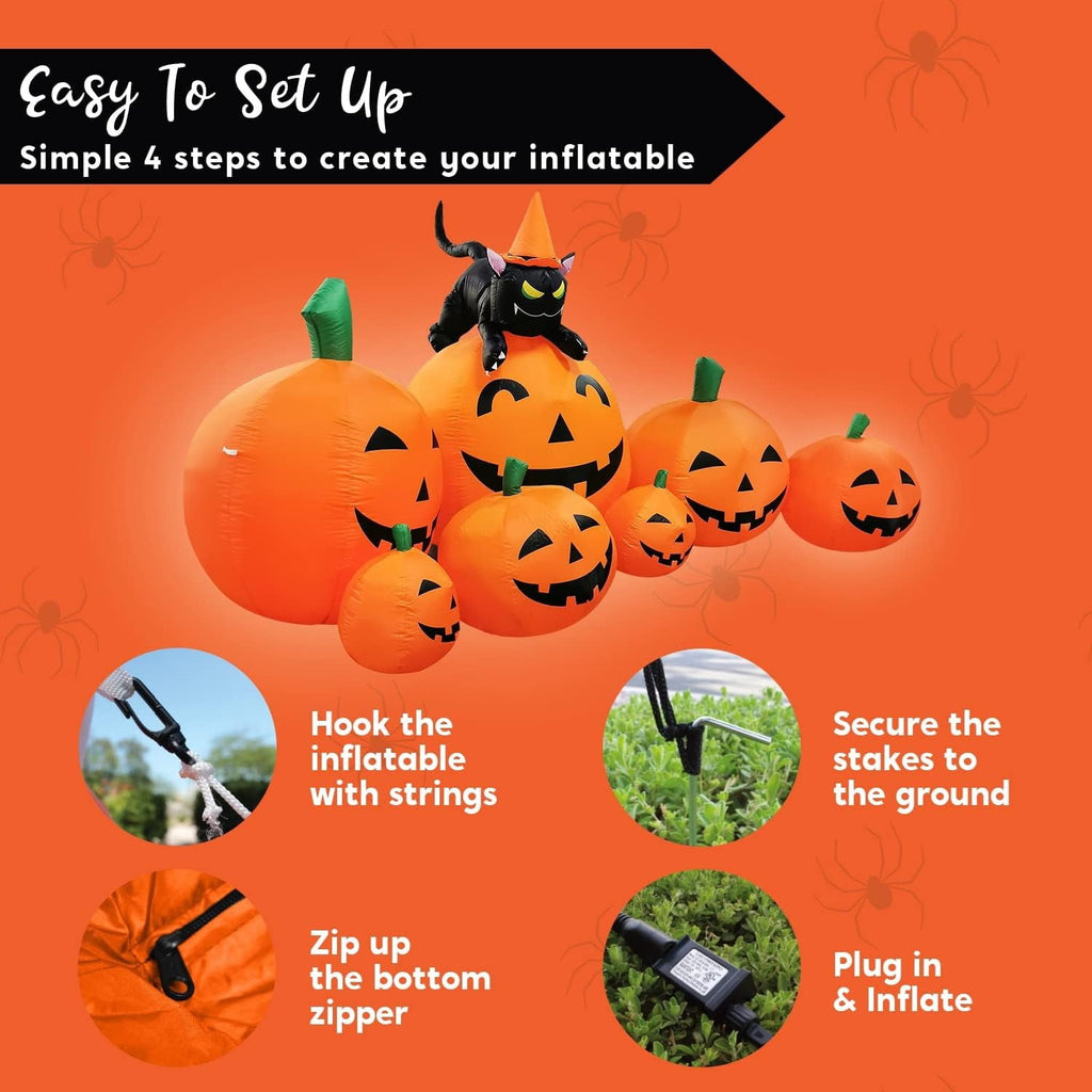 7 FT Halloween Inflatable 7 Pumpkins with Witch Cat LED Outdoor Yard Decoration