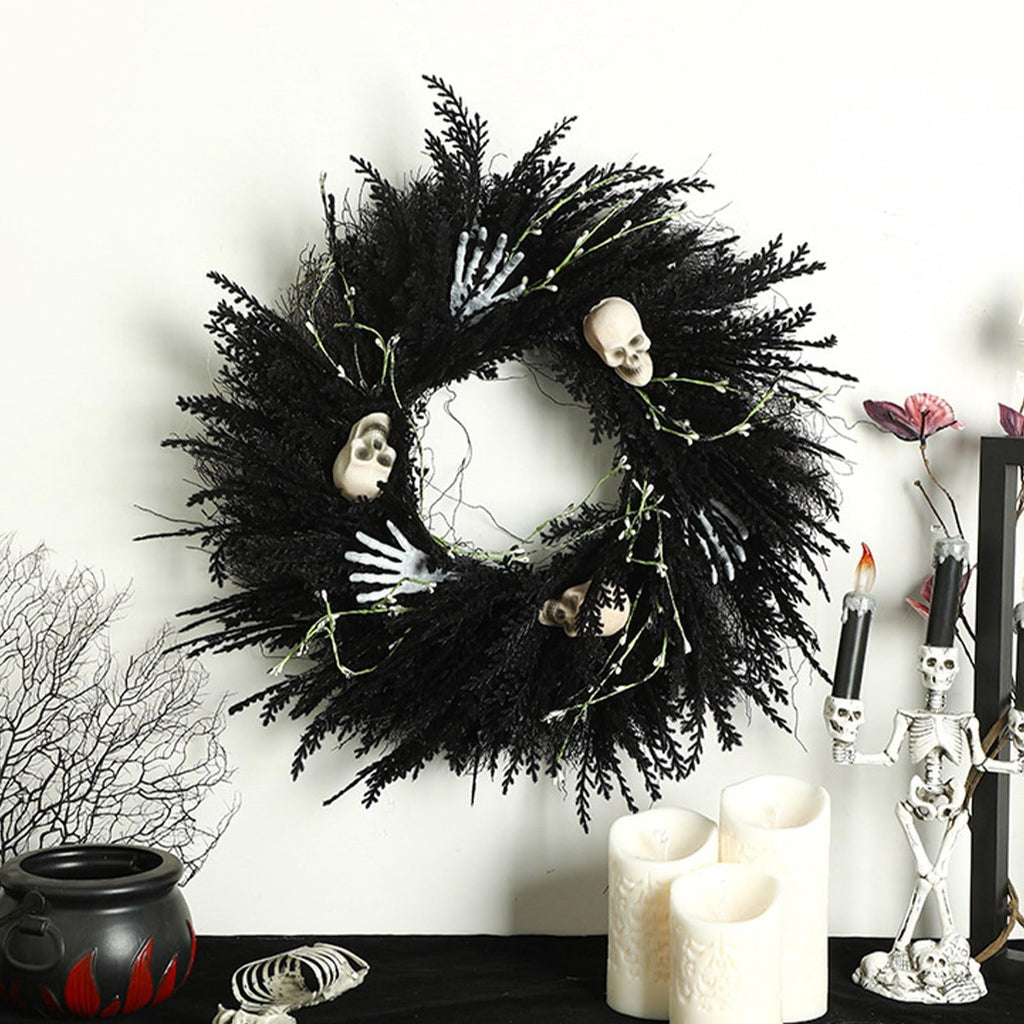 XHKUYI Halloween Skeleton Wreath 19.7 Inch, Black Skull Hand Halloween Wreath with Bone Details and Spooky Round Door Accent, for Front Door, Porch Wall, Haunted House Party, Indoor Entry Decor