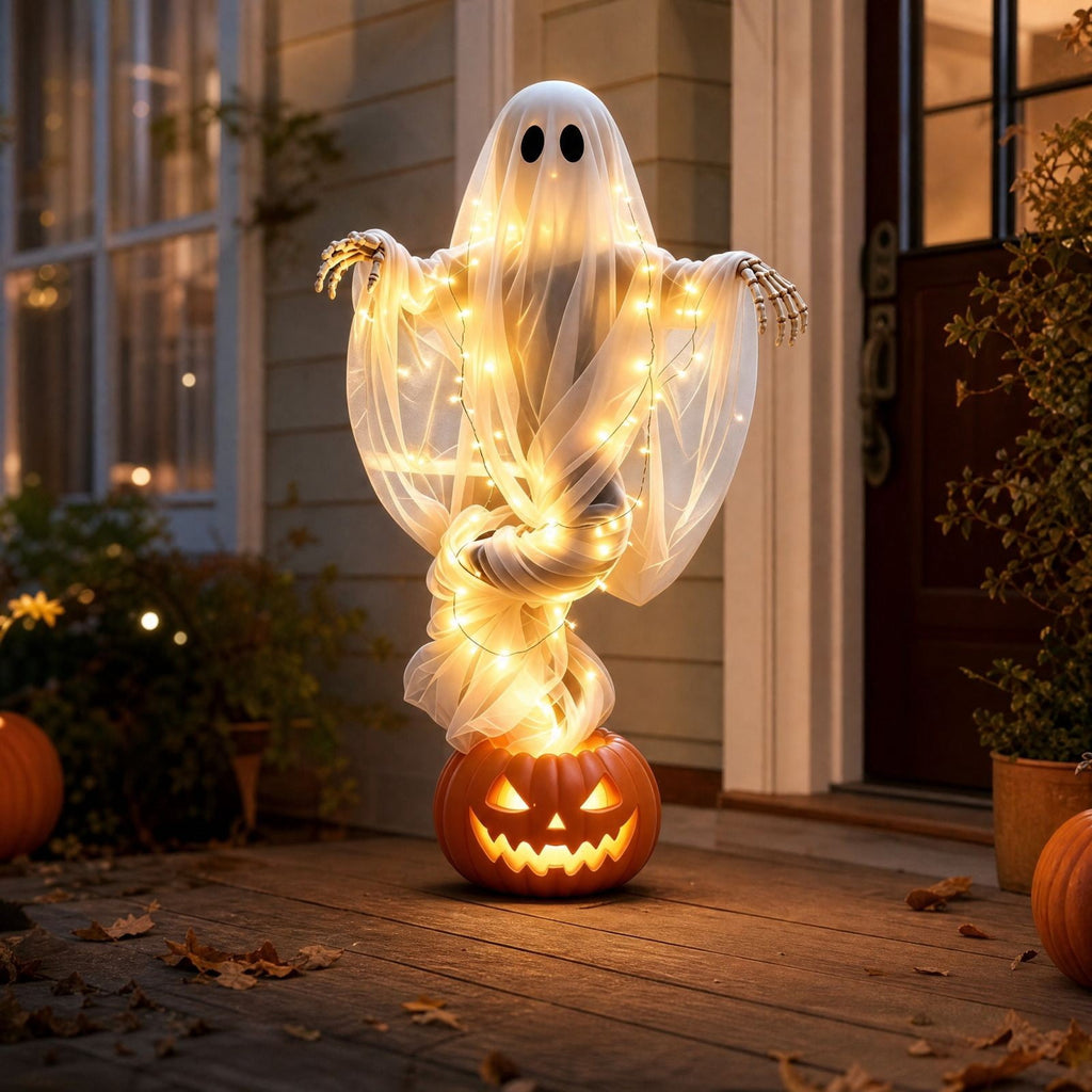 syligr Halloween Decorations Outdoor for Yard Porch, 51 Inch Light Up Floating Ghost Pumpkin with Skeleton Hands, Glowing Gauzy Ghost Decor for Garden Entryway Party, Battery Operated